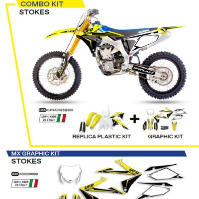 Komplet Plastików SUKIT418999 PLUS Komplet Naklejek (OKLEIN) Suzuki RMZ 250 '19-'22; RMZ 450 '18-'22 w Zestawie Przednia Tablica (SU04943) ORAZ Osłony Amortyzatorów (SU04913) STOKES Kolor OEM (Biały/Żółty/Czarny) - | UFO