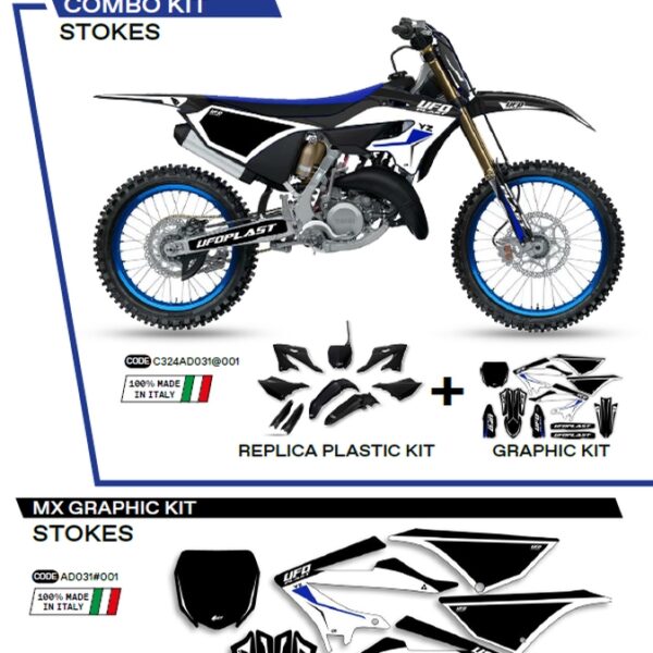 Komplet Plastików YAKIT324001 PLUS Komplet Naklejek (OKLEIN) Yamaha YZ 125/250 ’22-’26, w Zestawie Przednia Tablica (YA04860) ORAZ Osłony Amortyzatorów (YA04814) STOKES Kolor CZARNY – | UFO