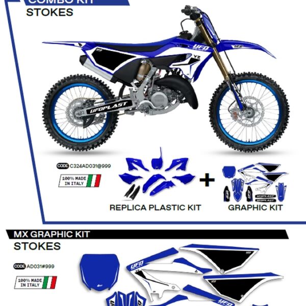 Komplet Plastików YAKIT324999 PLUS Komplet Naklejek (OKLEIN) Yamaha YZ 125/250 ’22-’26, w Zestawie Przednia Tablica (YA04860) ORAZ Osłony Amortyzatorów (YA04814) STOKES Kolor OEM (Niebieski/Czarny/Biały) – | UFO