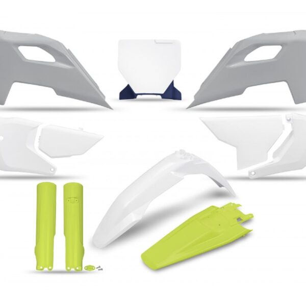 Komplet Plastików z Osłonami Teleskopów Husqvarna TC 125 / 250 ’23-’24, FC 250 / 350 / 450 ’23-’24, FX 350 / 450 ’23-’24, TX 300 ’24, Kolor OEM Biały Żółty Szary | UFO