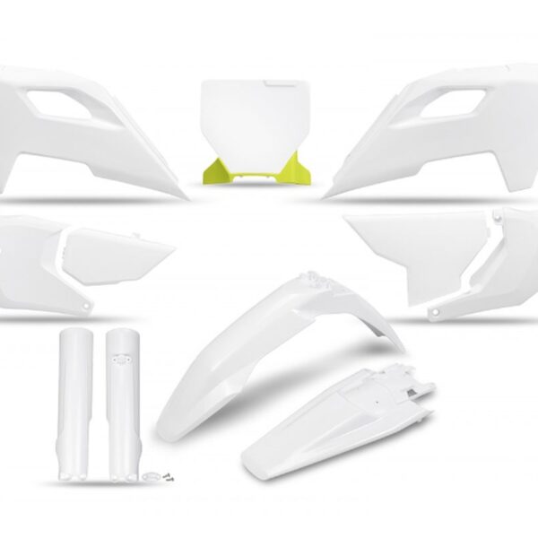 Komplet Plastików z Osłonami Teleskopów Husqvarna TC 125 / 250 ’23-’24, FC 250 / 350 / 450 ’23-’24, FX 350 / 450 ’23-’24, TX 300 ’24, Kolor Biały | UFO