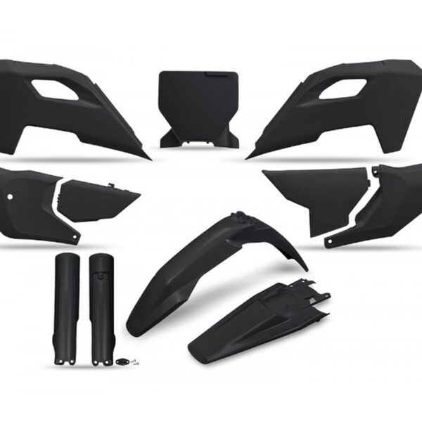 Komplet Plastików z Osłonami Teleskopów Husqvarna TC 125 / 250 ’23-’24, FC 250 / 350 / 450 ’23-’24, FX 350 / 450 ’23-’24, TX 300 ’24, Kolor Czarny | UFO