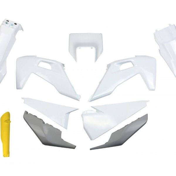 Komplet Plastików z Osłonami Teleskopów Husqvarna TX / TE 125 / 150 / 250 / 300 ’20-’22, FE 250 / 350 / 450 / 501 ’20-’23 Kolor OEM Biały Szary Żółty | UFO