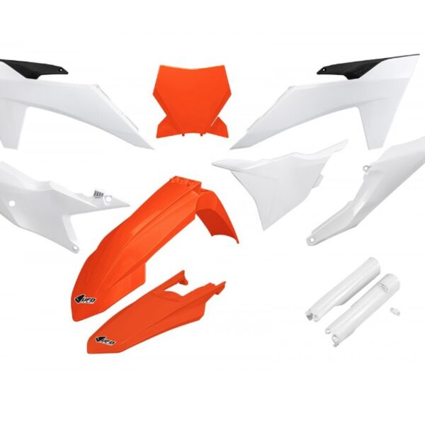 Komplet Plastików z Osłonami Teleskopów KTM SX 125 / 250 / 300 TBI ’23-’24, SX-F 250 / 350 / 450 ’23-’24 Kolor OEM Biały Pomarańczowy | UFO