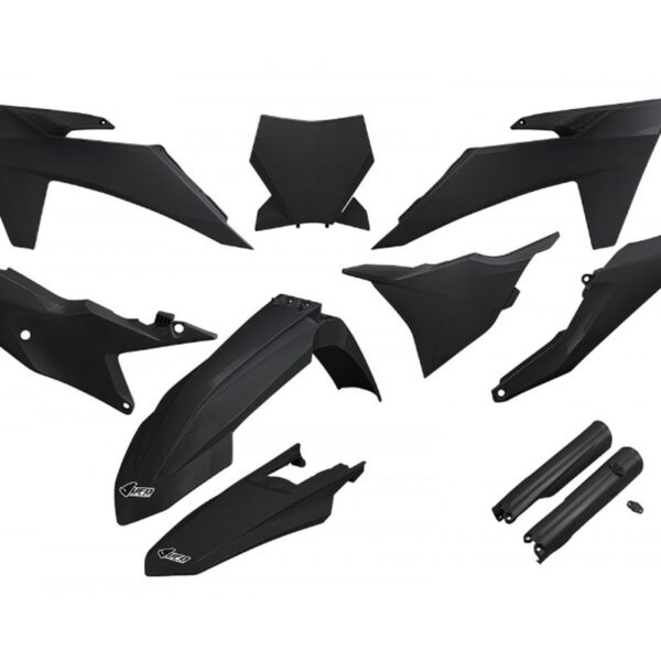 Komplet Plastików z Osłonami Teleskopów KTM SX 125 / 250 / 300 TBI ’23-’24, SX-F 250 / 350 / 450 ’23-’24 Kolor CZARNY | UFO