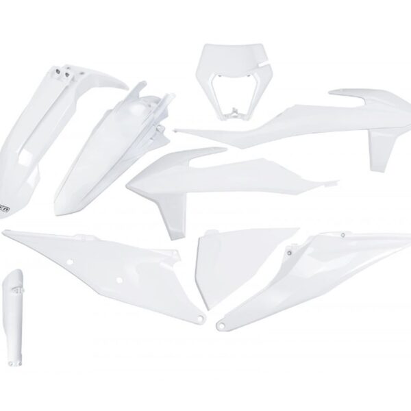 Komplet Plastików z Osłonami Teleskopów KTM EXC 125 ’20-’21, EXC 250 / 300 TPI ’20-’23, EXC-F 250 / 350 / 450 / 500 ’20-’23 Kolor OEM Biały | UFO