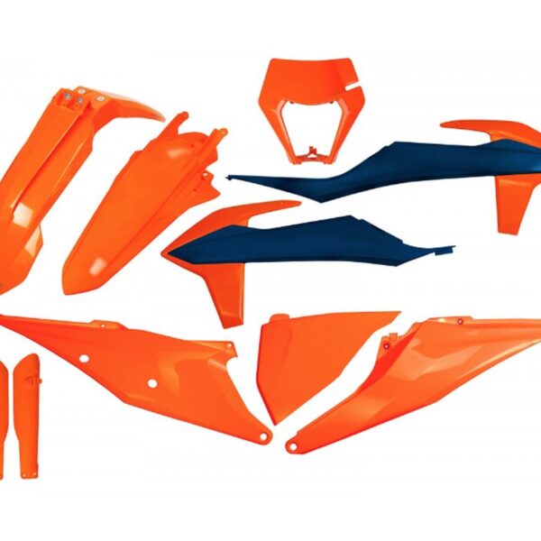 Komplet Plastików z Osłonami Teleskopów KTM EXC 125 ’20-’21, EXC 250 / 300 TPI ’20-’23, EXC-F 250 / 350 / 450 / 500 ’20-’23 Kolor OEM Pomarańczowy | UFO