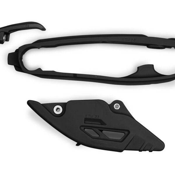 Komplet Ślizg + Prowadnica Łańcucha KTM SX 125 / 250 / 300 ’23-’25, SXF (SX-F) 250 / 350 / 450 ’23-’25, EXC 150 / 250 / 300 ’24-’25, EXCF (EXC-F) 350 / 450 / 500 ’24-’25 Kolor CZARNY (KT05017001 + KT05018001) – Zastępuje HU04315001 | UFO